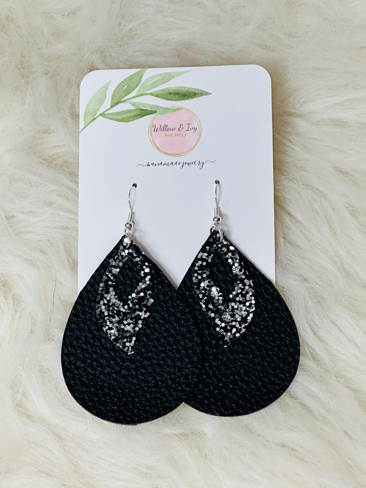 Black Sequin Double Layer Faux Leather Earrings