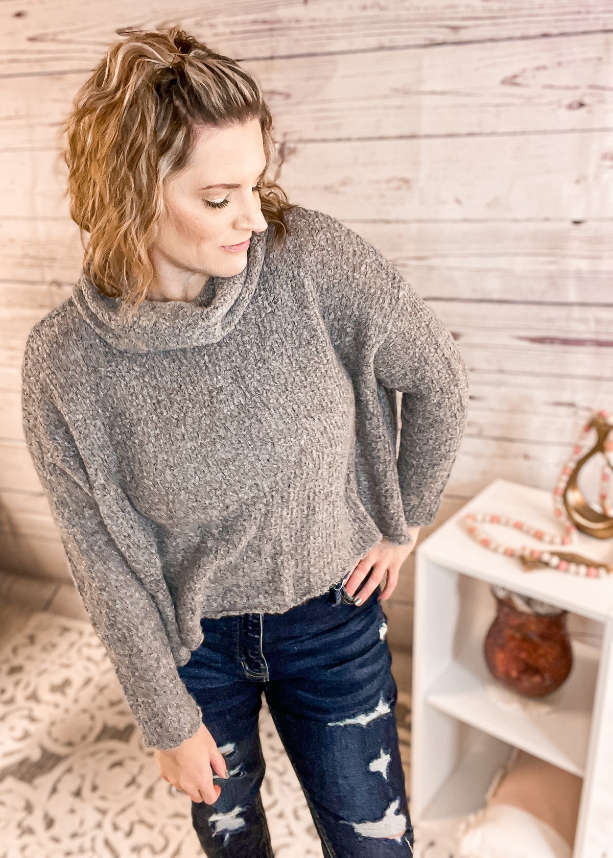 Stay Awhile Grey Cowlneck Sweater *