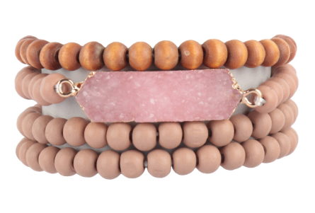 Pink Druzy Wood Bead Stackable Bracelet Set