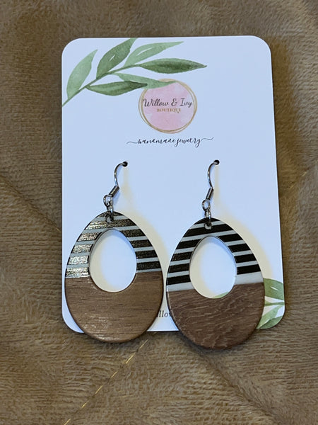 Black & White Stripe Resin Wood Earrings