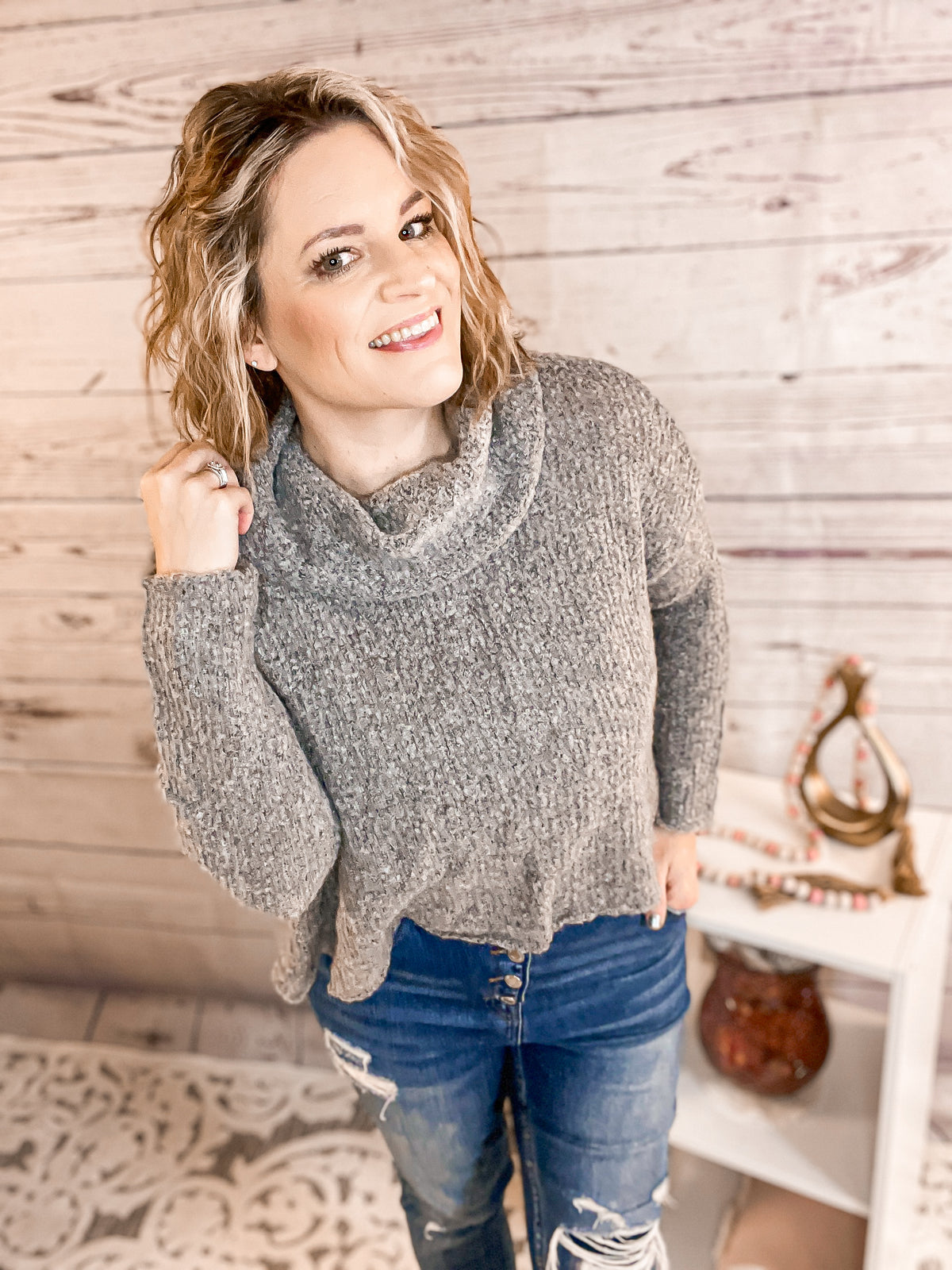 Stay Awhile Grey Cowlneck Sweater