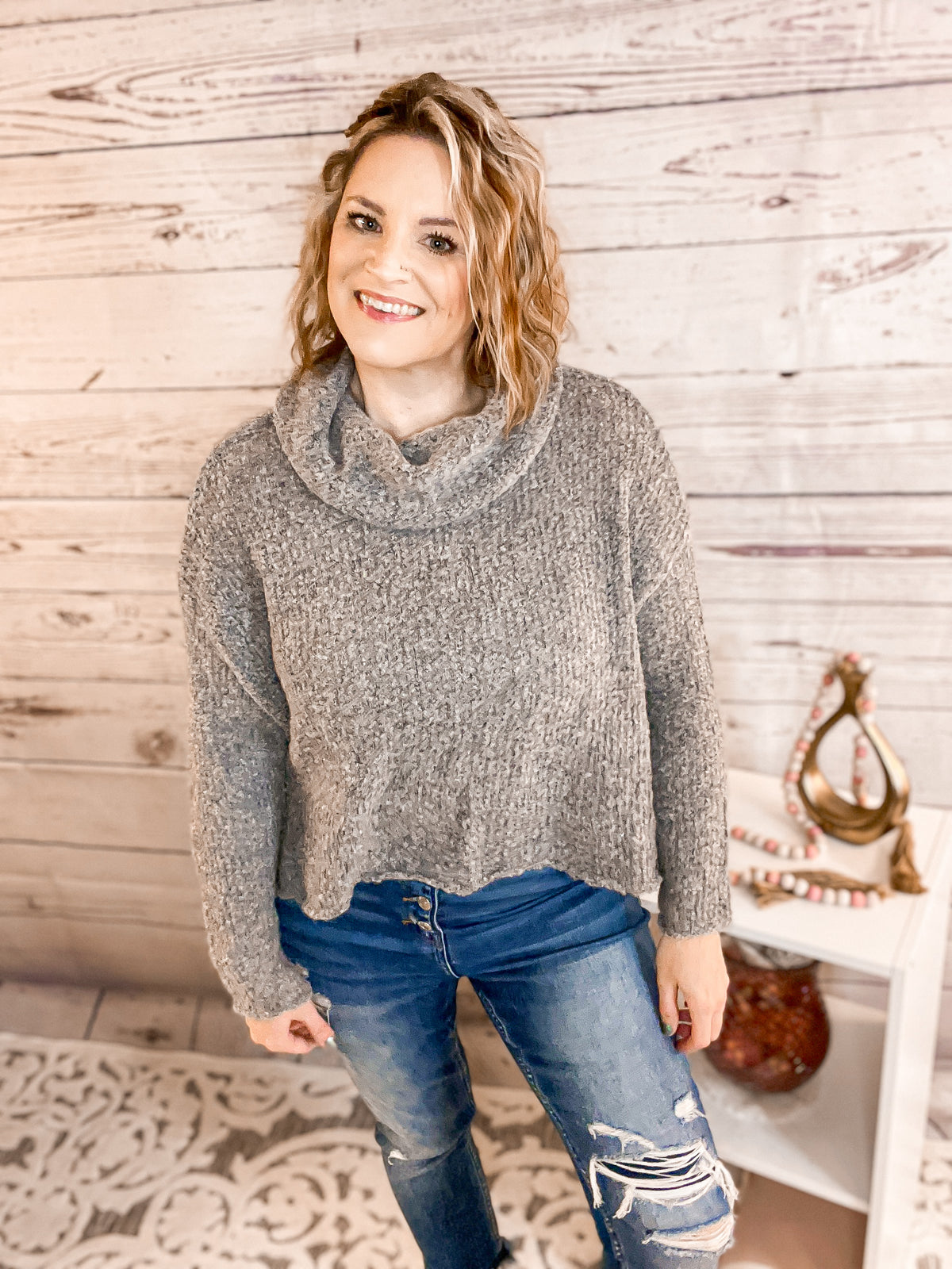 Stay Awhile Grey Cowlneck Sweater