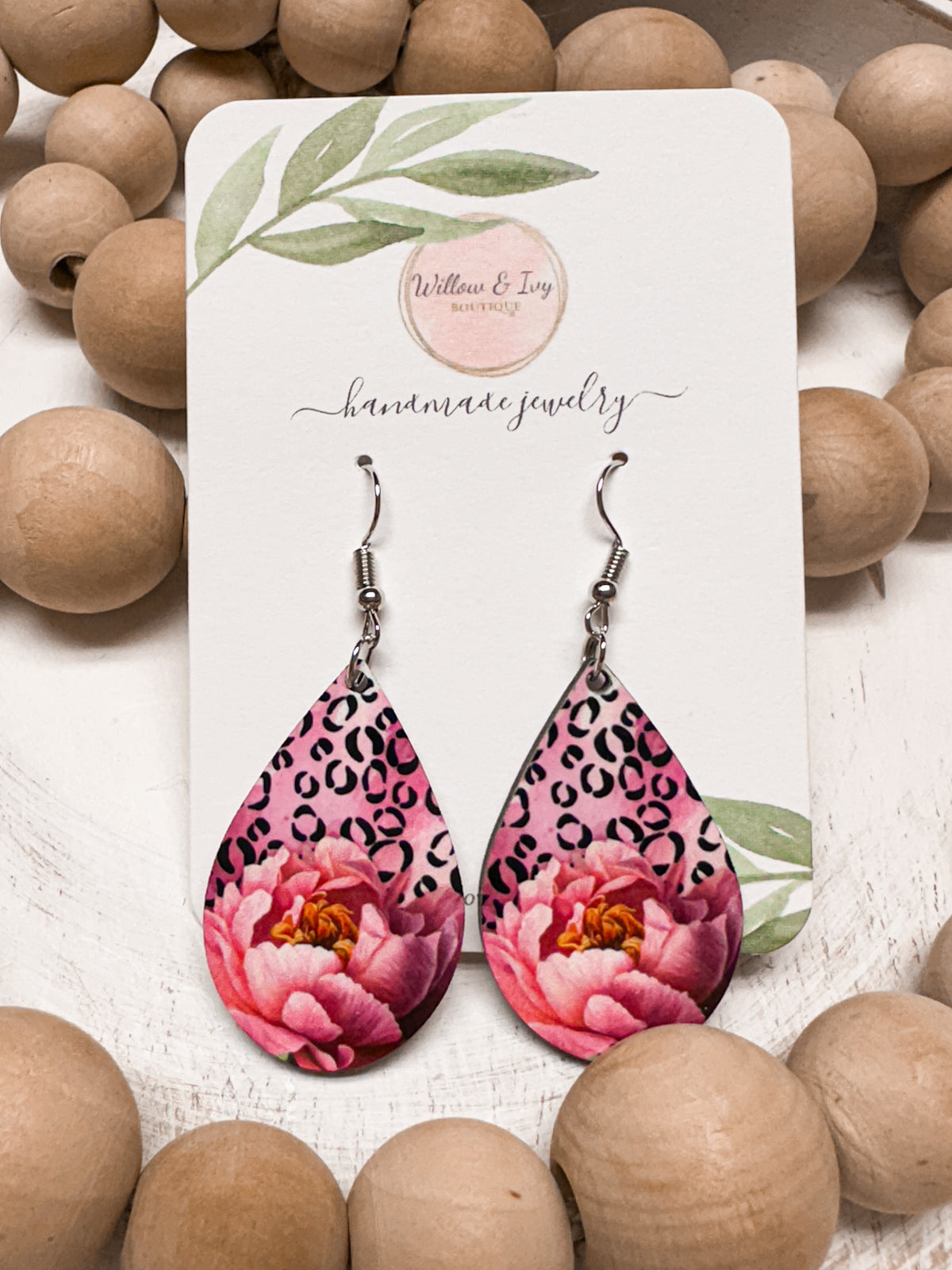 Pink Peony Leopard Earrings