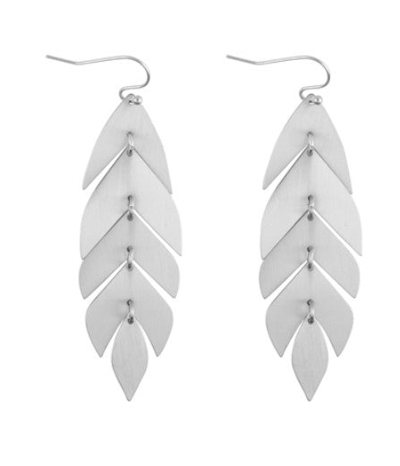 Silver Feather Leaf Drop Earrings