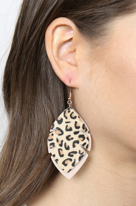 Leopard Leather Leaf Drop Earrings