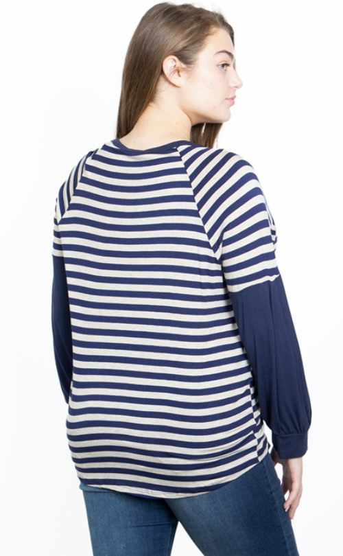 [CURVY] Take a Moment Navy Striped Top